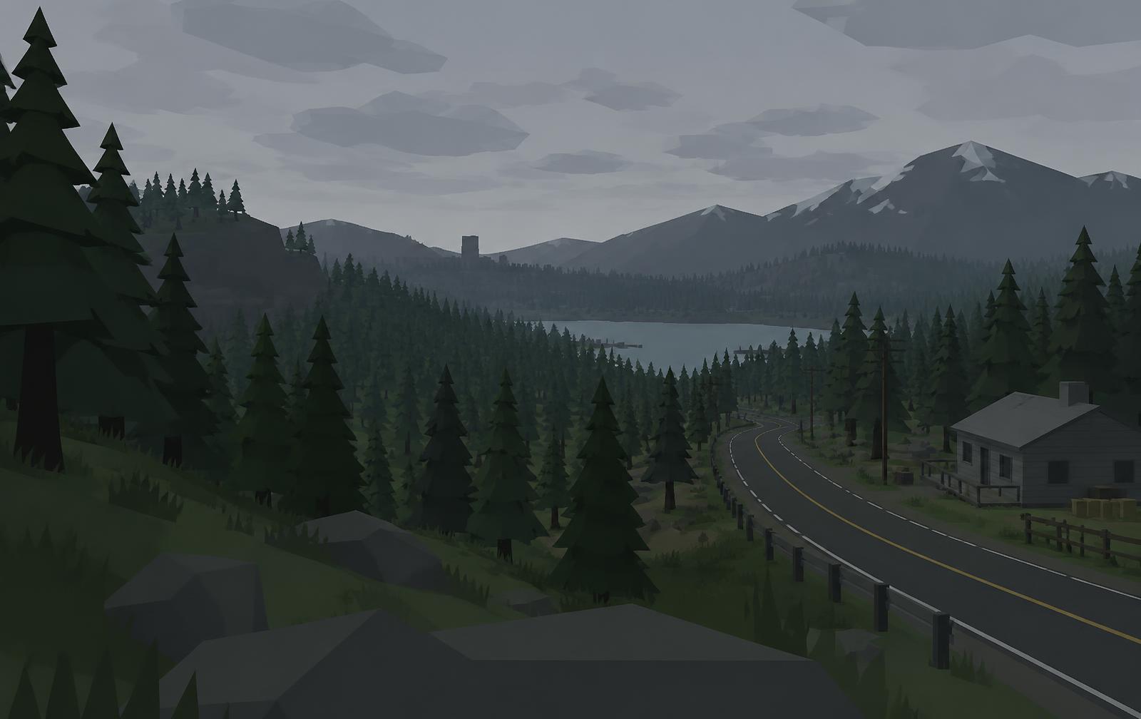 Low-poly pine forest and mountain lake, with a rural road leading past a survival cabin.